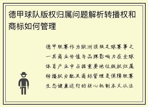 德甲球队版权归属问题解析转播权和商标如何管理