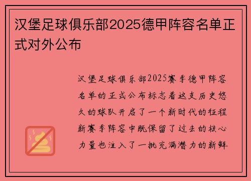 汉堡足球俱乐部2025德甲阵容名单正式对外公布